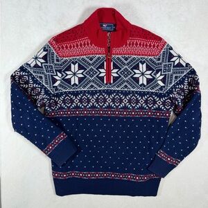Vineyard Vines Wool Blend Size Medium Red and Navy Fair Isle Half Zip Sweater